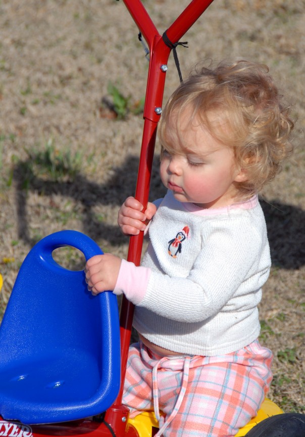 Riding on the wrong part of her new tricycle